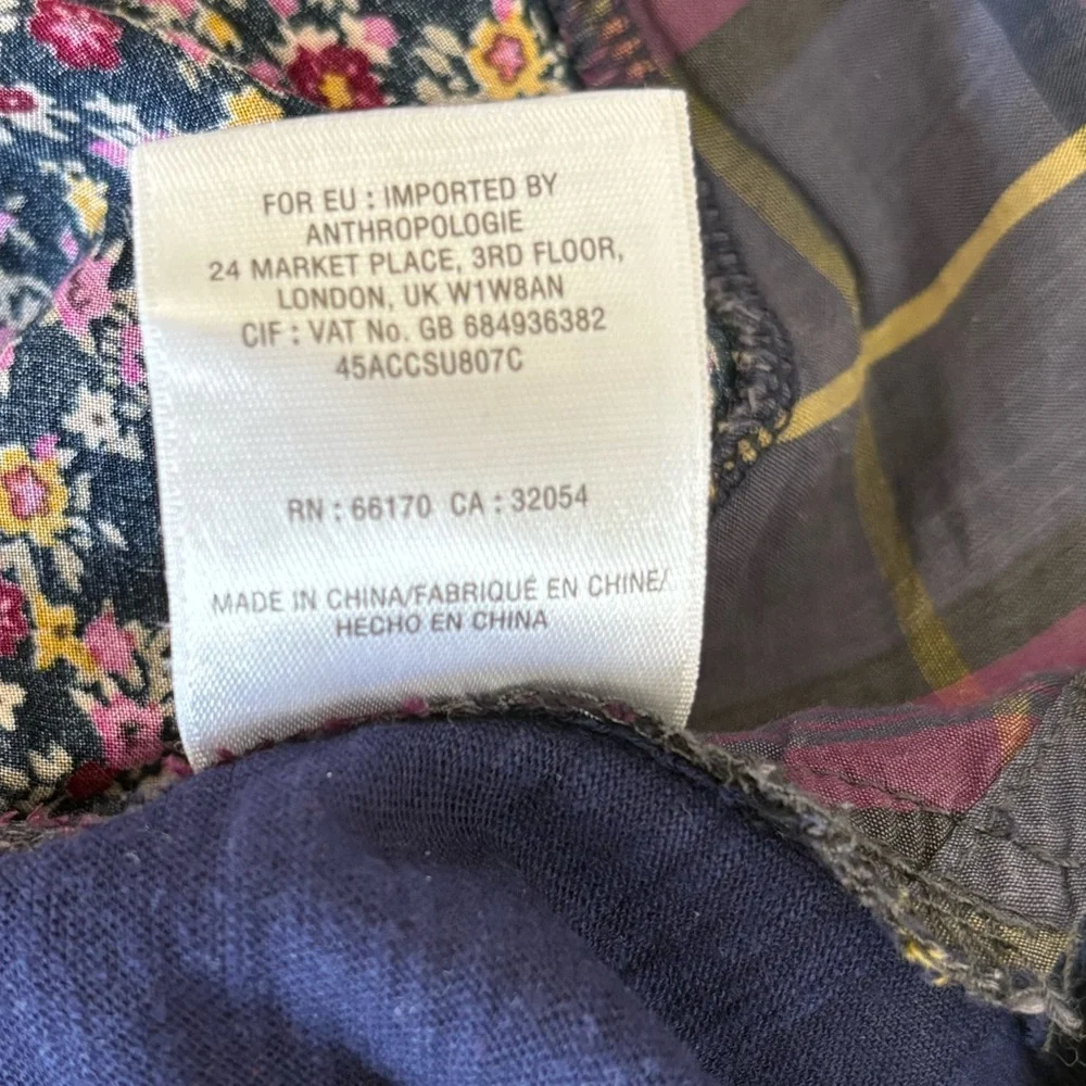 XS Anthropologie Postmark Navy Floral and Plaid Contrast Top